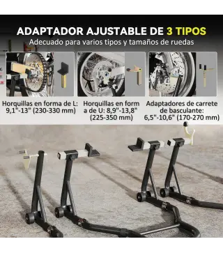 Caballete de Moto Carga 390 kg Soporte Delantero y Trasera Universal Elevador de Moto de Acero con Ruedas Negro