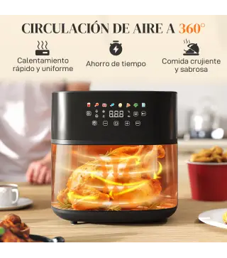 Freidora de Aire 8 L 1700 W Circulación de Aire Caliente a 360° Temperatura Regulable 80-200°C 8 Programas Negro