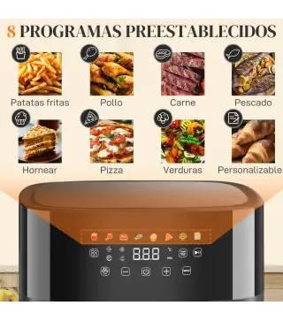 Freidora de Aire 8 L 1700 W Circulación de Aire Caliente a 360° Temperatura Regulable 80-200°C 8 Programas Negro