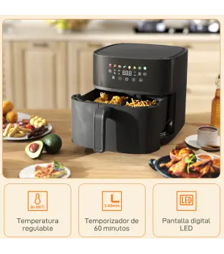 Freidora de Aire 8 L 1700 W Circulación de Aire Caliente a 360° Temperatura Regulable 80-200°C 8 Programas Negro