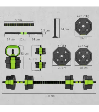 Juego de Mancuernas Ajustables 20 kg 6 en 1 como Kettlebell Barra Mancuernas Soporte para Flexiones para Gimnasio Casa