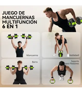 Juego de Mancuernas Ajustables 20 kg 6 en 1 como Kettlebell Barra Mancuernas Soporte para Flexiones para Gimnasio Casa