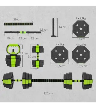 Juego de Mancuernas Ajustables 25 kg 6 en 1 como Kettlebell Barra Mancuernas Soporte para Flexiones para Gimnasio Casa