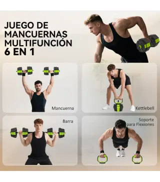 Juego de Mancuernas Ajustables 25 kg 6 en 1 como Kettlebell Barra Mancuernas Soporte para Flexiones para Gimnasio Casa
