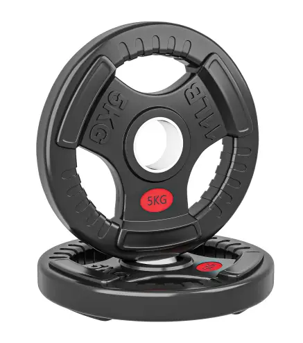 Discos Pesas Olímpicos Agujero Ø50 mm 2x5 kg con Anillo Interior de Acero y Triple Agarre para Mancuernas y Barras Negro