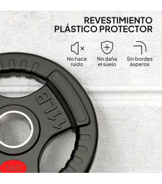 Discos Pesas Olímpicos Agujero Ø50 mm 2x5 kg con Anillo Interior de Acero y Triple Agarre para Mancuernas y Barras Negro