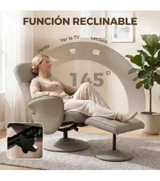 Sillón Relax Reclinable con Reposapiés Respaldo Alto Giratorio 360° Reposabrazos Beige Gris