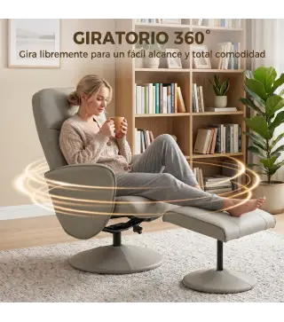 Sillón Relax Reclinable con Reposapiés Respaldo Alto Giratorio 360° Reposabrazos Beige Gris