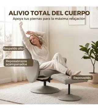 Sillón Relax Reclinable con Reposapiés Respaldo Alto Giratorio 360° Reposabrazos Beige Gris