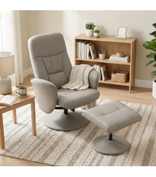 Sillón Relax Reclinable con Reposapiés Respaldo Alto Giratorio 360° Reposabrazos Beige Gris