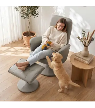 Sillón Relax Reclinable con Reposapiés Respaldo Alto Giratorio 360° Reposabrazos Beige Gris