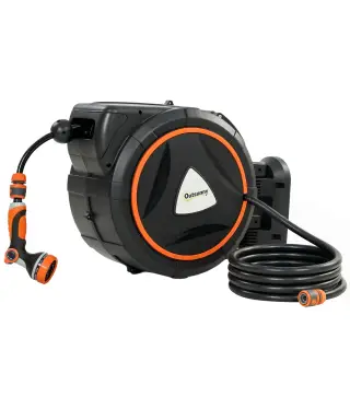 Carrete de Manguera Retráctil 23+2 m con 12 Modos de Rociado Bloqueo Automático Retracción Controlada Soporte Naranja