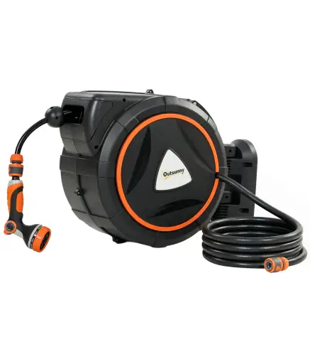Carrete de Manguera Retráctil 23+2 m con 12 Modos de Rociado Bloqueo Automático Retracción Controlada Soporte Naranja