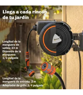 Carrete de Manguera Retráctil 23+2 m con 12 Modos de Rociado Bloqueo Automático Retracción Controlada Soporte Naranja