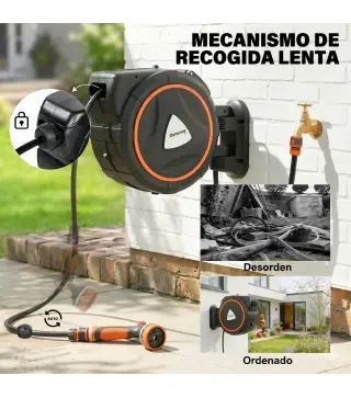 Carrete de Manguera Retráctil 23+2 m con 12 Modos de Rociado Bloqueo Automático Retracción Controlada Soporte Naranja
