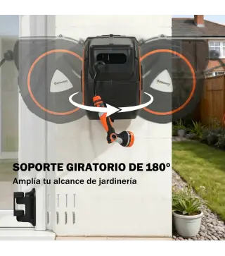Carrete de Manguera Retráctil 23+2 m con 12 Modos de Rociado Bloqueo Automático Retracción Controlada Soporte Naranja