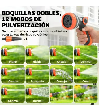 Carrete de Manguera Retráctil 23+2 m con 12 Modos de Rociado Bloqueo Automático Retracción Controlada Soporte Naranja