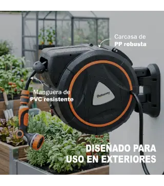 Carrete de Manguera Retráctil 23+2 m con 12 Modos de Rociado Bloqueo Automático Retracción Controlada Soporte Naranja