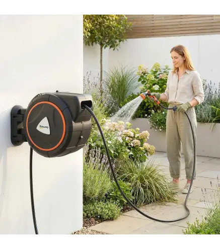 Carrete de Manguera Retráctil 28+2 m con 12 Modos de Rociado Bloqueo Automático Retracción Controlada Soporte Naranja