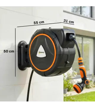 Carrete de Manguera Retráctil 28+2 m con 12 Modos de Rociado Bloqueo Automático Retracción Controlada Soporte Naranja