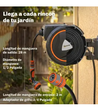 Carrete de Manguera Retráctil 28+2 m con 12 Modos de Rociado Bloqueo Automático Retracción Controlada Soporte Naranja
