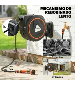 Carrete de Manguera Retráctil 28+2 m con 12 Modos de Rociado Bloqueo Automático Retracción Controlada Soporte Naranja