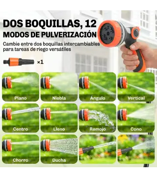 Carrete de Manguera Retráctil 28+2 m con 12 Modos de Rociado Bloqueo Automático Retracción Controlada Soporte Naranja