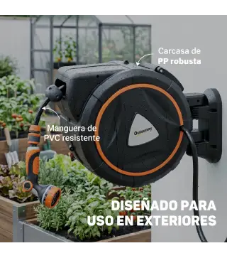 Carrete de Manguera Retráctil 28+2 m con 12 Modos de Rociado Bloqueo Automático Retracción Controlada Soporte Naranja