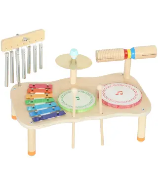 Instrumentos Musicales Infantiles de Madera Montessori con Tambor Xilófono Doble Tono Platillo Campana de Viento