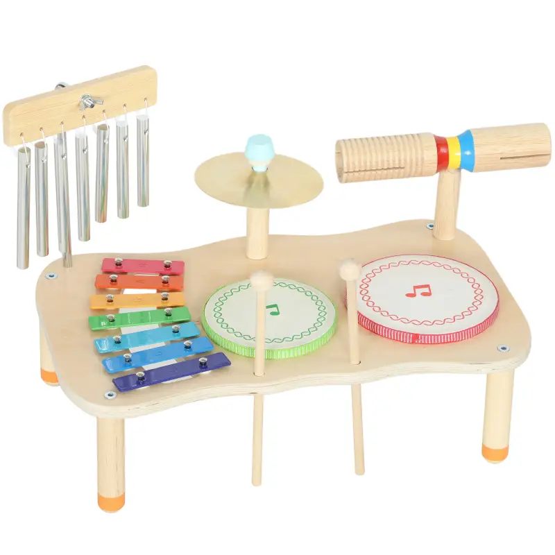 Instrumentos Musicales Infantiles de Madera Montessori con Tambor Xilófono Doble Tono Platillo Campana de Viento