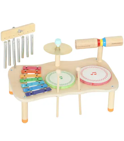 Instrumentos Musicales Infantiles de Madera Montessori con Tambor Xilófono Doble Tono Platillo Campana de Viento