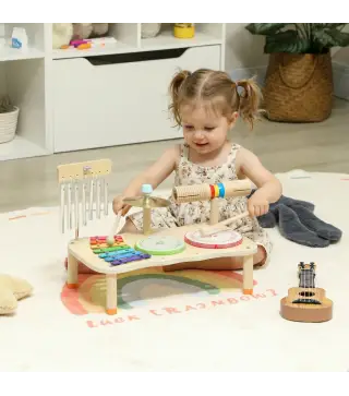 Instrumentos Musicales Infantiles de Madera Montessori con Tambor Xilófono Doble Tono Platillo Campana de Viento