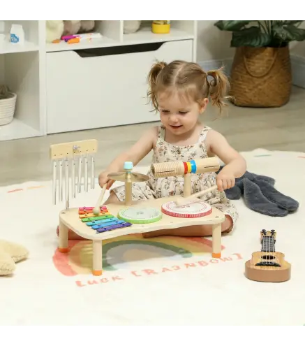 Instrumentos Musicales Infantiles de Madera Montessori con Tambor Xilófono Doble Tono Platillo Campana de Viento