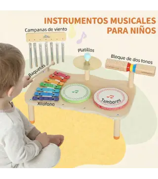 Instrumentos Musicales Infantiles de Madera Montessori con Tambor Xilófono Doble Tono Platillo Campana de Viento