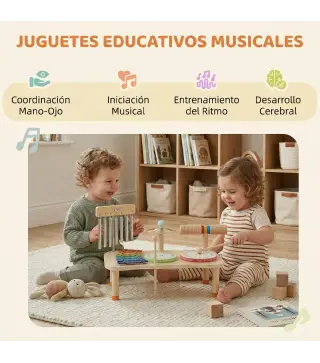 Instrumentos Musicales Infantiles de Madera Montessori con Tambor Xilófono Doble Tono Platillo Campana de Viento