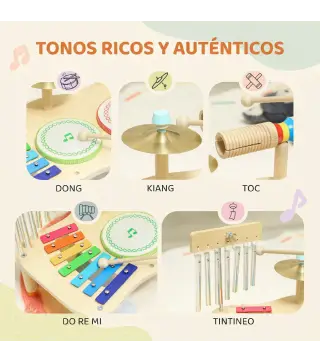 Instrumentos Musicales Infantiles de Madera Montessori con Tambor Xilófono Doble Tono Platillo Campana de Viento