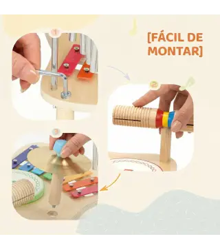 Instrumentos Musicales Infantiles de Madera Montessori con Tambor Xilófono Doble Tono Platillo Campana de Viento