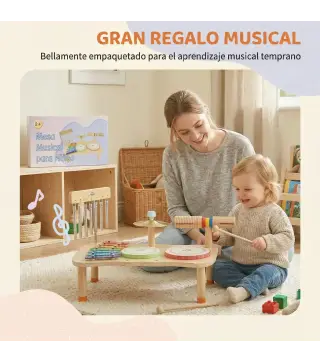 Instrumentos Musicales Infantiles de Madera Montessori con Tambor Xilófono Doble Tono Platillo Campana de Viento