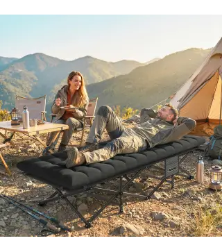 Cama Plegable Camping con Colchón Extraíble de Tela Oxford 600D con Reposacabezas y Bolsa Carga 200 kg Negro