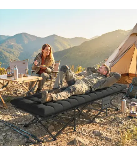 Cama Plegable Camping con Colchón Extraíble de Tela Oxford 600D con Reposacabezas y Bolsa Carga 200 kg Negro