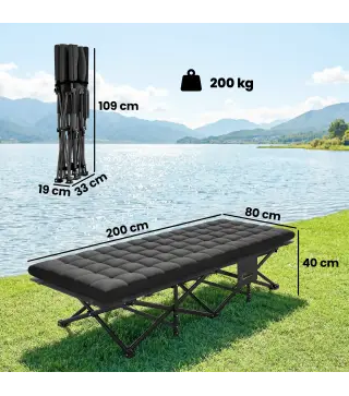 Cama Plegable Camping con Colchón Extraíble de Tela Oxford 600D con Reposacabezas y Bolsa Carga 200 kg Negro