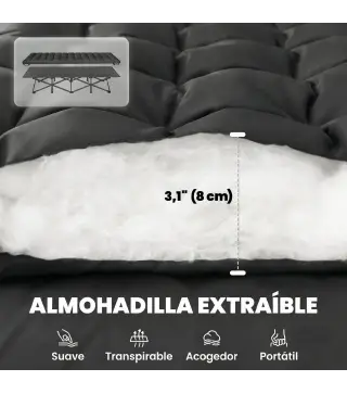 Cama Plegable Camping con Colchón Extraíble de Tela Oxford 600D con Reposacabezas y Bolsa Carga 200 kg Negro