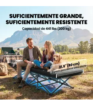 Cama Plegable Camping con Colchón Extraíble de Tela Oxford 600D con Reposacabezas y Bolsa Carga 200 kg Negro