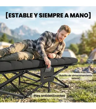 Cama Plegable Camping con Colchón Extraíble de Tela Oxford 600D con Reposacabezas y Bolsa Carga 200 kg Negro