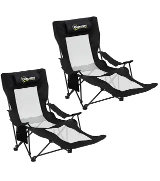 Conjunto de 2 Sillas Plegables Camping Reclinables con Reposapiés Desmontable Reposacabezas Portavasos y Bolsa Negro