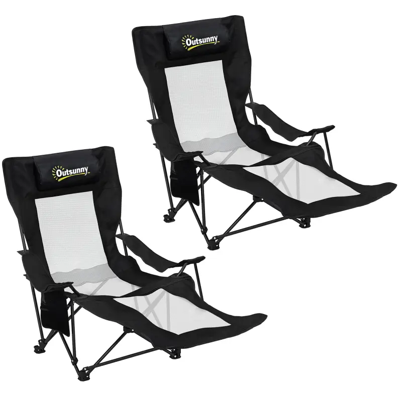 Conjunto de 2 Sillas Plegables Camping Reclinables con Reposapiés Desmontable Reposacabezas Portavasos y Bolsa Negro