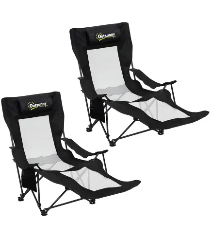 Conjunto de 2 Sillas Plegables Camping Reclinables con Reposapiés Desmontable Reposacabezas Portavasos y Bolsa Negro