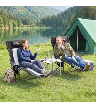 Conjunto de 2 Sillas Plegables Camping Reclinables con Reposapiés Desmontable Reposacabezas Portavasos y Bolsa Negro