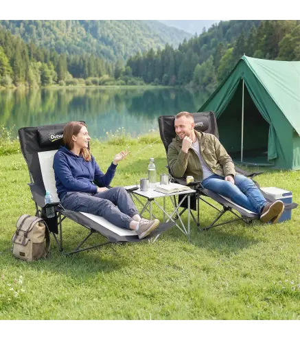 Conjunto de 2 Sillas Plegables Camping Reclinables con Reposapiés Desmontable Reposacabezas Portavasos y Bolsa Negro