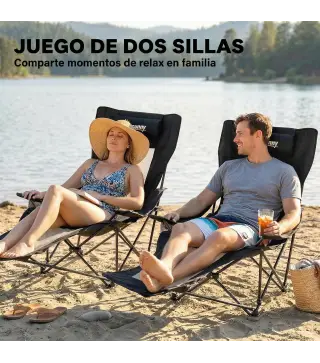 Conjunto de 2 Sillas Plegables Camping Reclinables con Reposapiés Desmontable Reposacabezas Portavasos y Bolsa Negro